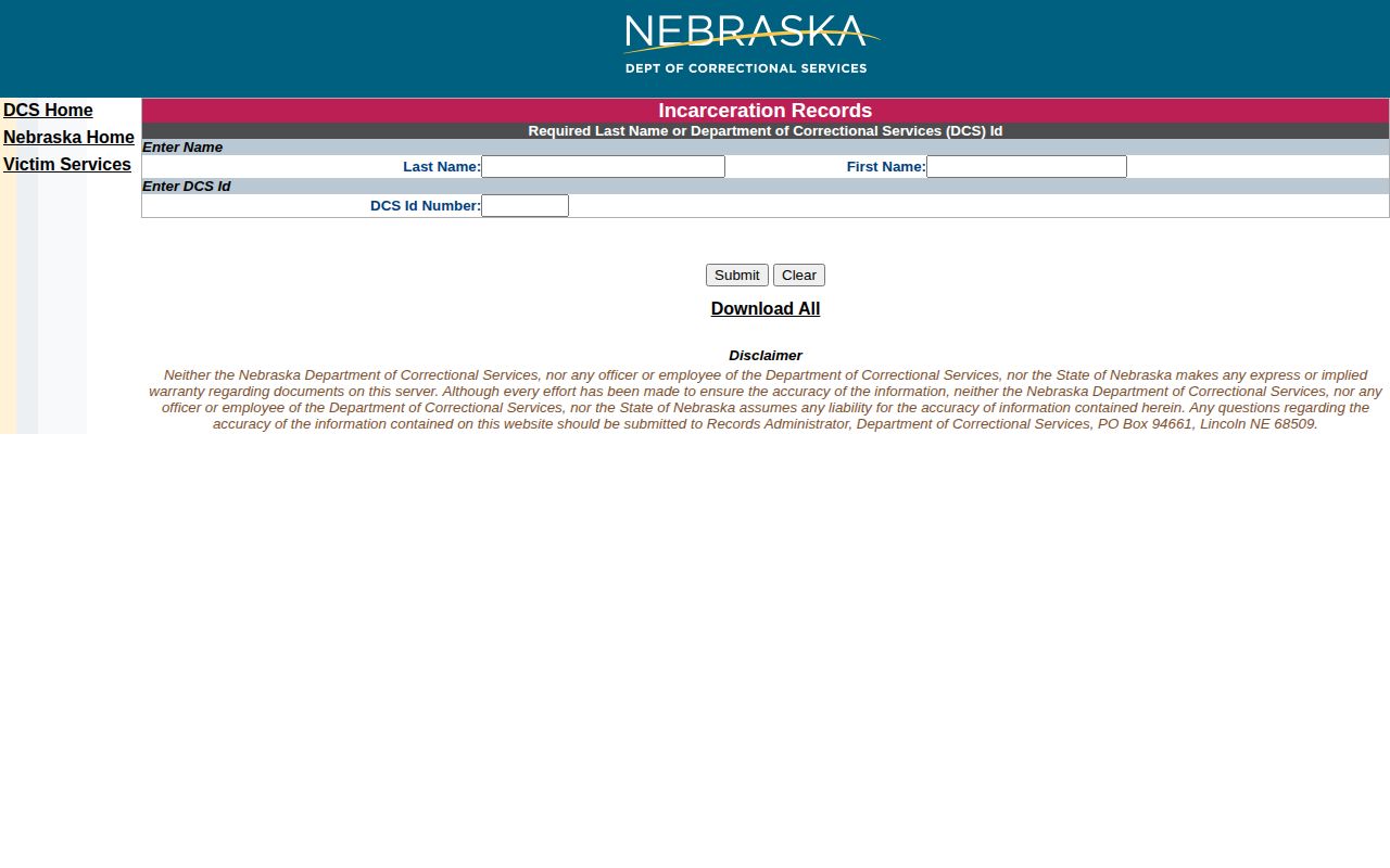 Nuckolls County state custody NDCS record search interface